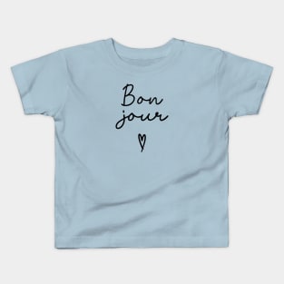 Bonjour Black and White Cursive Word Art Kids T-Shirt